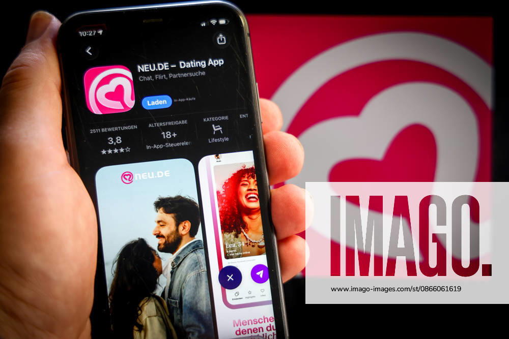 Apple App Store auf einem iPhone. Essenzielle Dating Apps. NEU.DE, Dating app, Chat, Flirt, Partnersuche. Das iPhone wird in der Hand gehalten.. 06.09.2026
