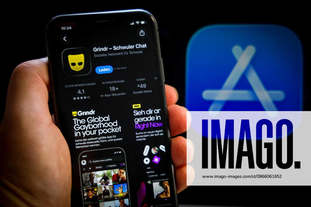 Apple App Store auf einem iPhone. Essenzielle Dating Apps. Grindr - schwuler Chat. Das iPhone wird in der Hand gehalten.. 06.09.2026