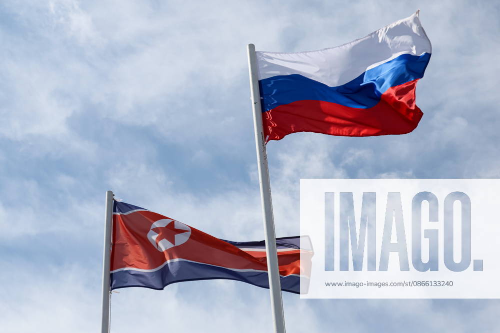 RUSSIA, PRIMORYE REGION - SEPTEMBER 7, 2026: National flags fly ahead of a ceremony to unveil a bridge named after Red Army officer Yakov Novichenko (1914-1994) for saving Kim Il Sung s life and built as a road crossing between Russia and North Korea. Yuri Smityuk TASS 97269754