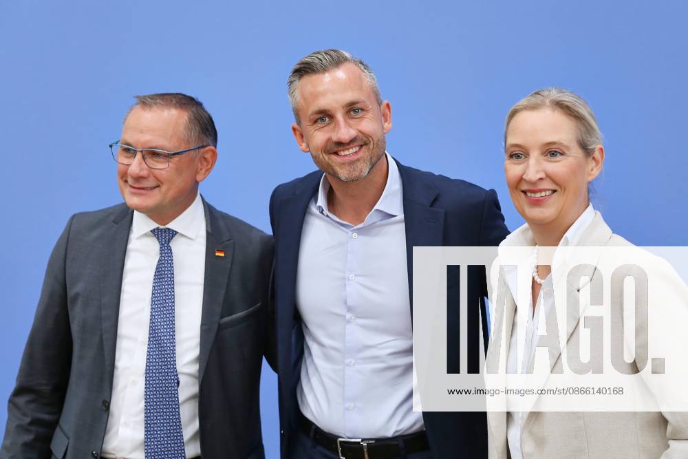 Berlin, Deutschland, 07.09.2026: Bundespressekonferenz: AfD - Auswirkungen der Landtagswahl in Sachsen-Anhalt auf die Bundespolitik: Tino Chrupalla, Bundessprecher der AfD und Co-Vorsitzender der AfD-Fraktion im Deutschen Bundestag, Ulrich Siegmund, Spitzenkandidat AfD in Sachsen-Anhalt, und Alice Weidel, Bundessprecherin der AfD und Co-Vorsitzende der AfD-Fraktion im Deutschen Bundestag