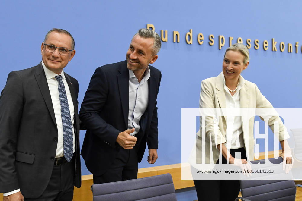 ABB BPK- Tino Chrupalla, Bundessprecher der AfD und Co-Vorsitzender der AfD-Fraktion im Deutschen Bundestag Ulrich Siegmund, Spitzenkandidat AfD in Sachsen-Anhalt. Dr. Alice Weidel, Bundessprecherin der AfD und Co-Vorsitzende der AfD-Fraktion im Deutschen Bundestag Statment der AfD Auswirkungen der Landtagswahl in Sachsen-Anhalt auf die Bundespolitik Vorstellung auf der BPK undespressekonferenz am 07.09.2026 in Berlin Berlin Deutschland