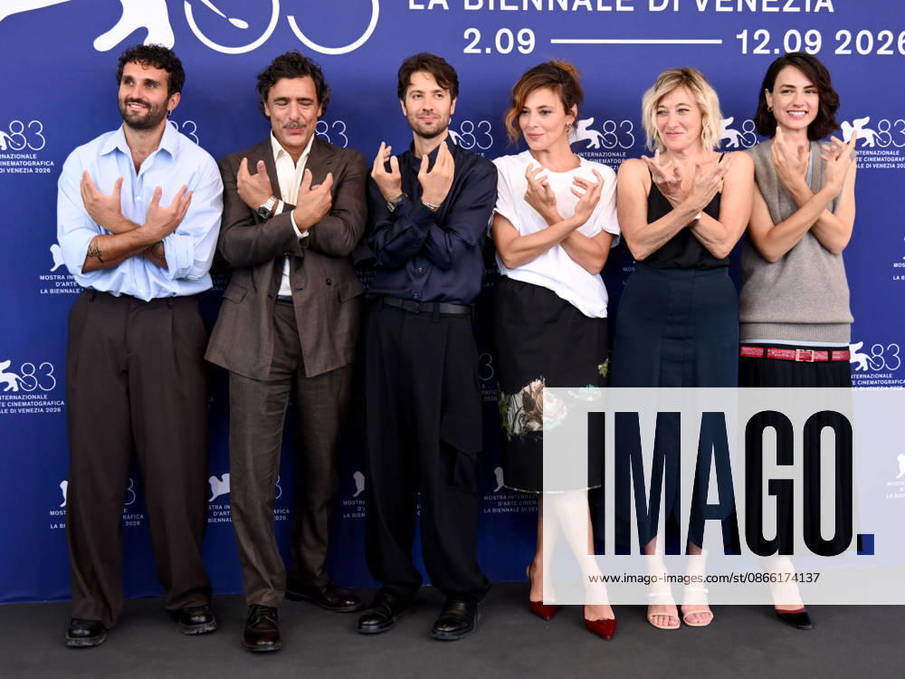 IPA88239804 - Venice, 83rd Venice International Film Festival 2026 Day 6 Photocall for *Lestranea* Pictured: Salvatore De Chirico, Adriano Giannini, Paolo Strippoli, Jasmine Trinca, Valeria Bruni Tedeschi, Romana Maggiora Vergano