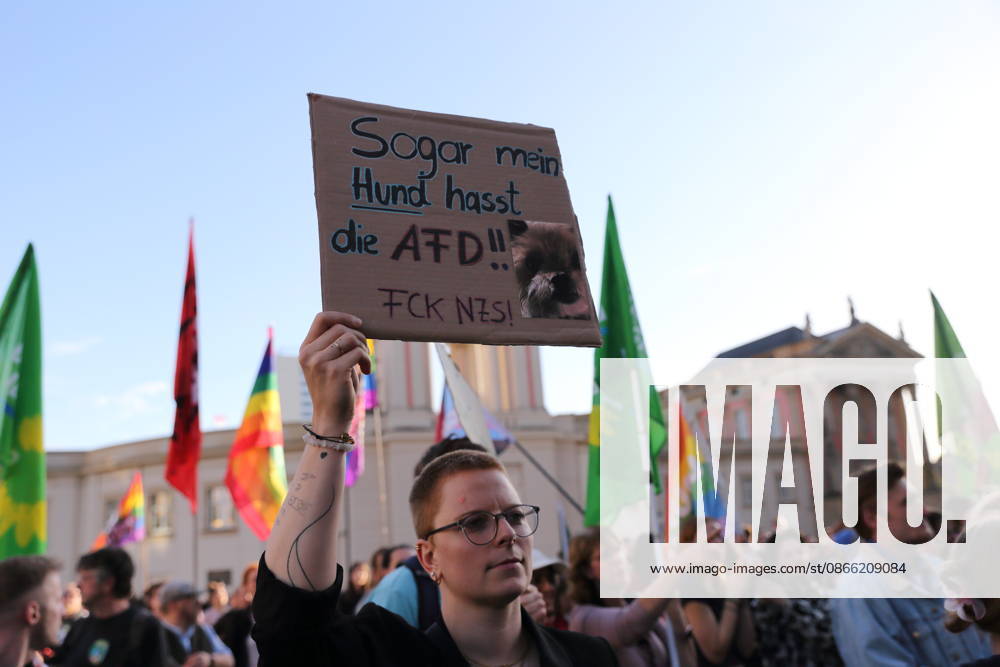 Eine Demonstrantin mit Schild Sogar mein Hund hasst die AfD! FCK NZS! während einer Kundgebung gegen die Partei Alternative für Deutschland AfD nach deren Wahlsieg bei der Landtagswahl in Sachsen-Anhalt, Alter Markt, Potsdam, 7. September 2026. Kundgebung gegen AfD in Potsdam