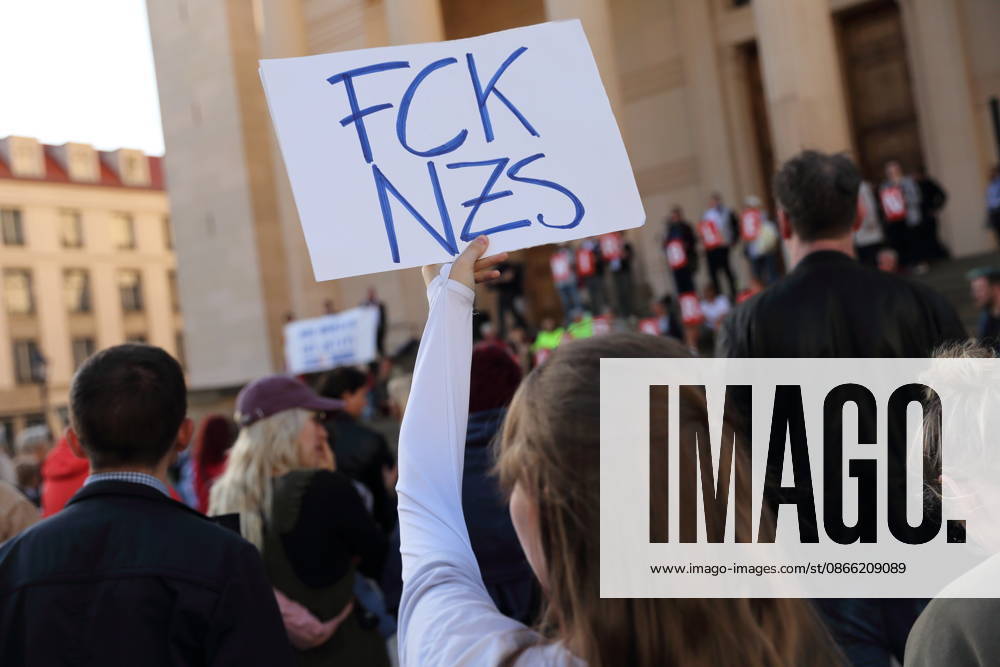 Eine Demonstrantin mit Schild FCK NZS während einer Kundgebung gegen die Partei Alternative für Deutschland AfD nach deren Wahlsieg bei der Landtagswahl in Sachsen-Anhalt, Alter Markt, Potsdam, 7. September 2026. Kundgebung gegen AfD in Potsdam
