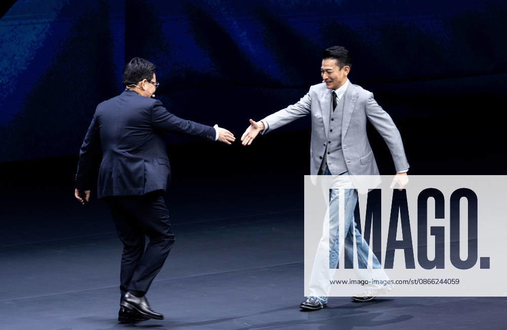 Andy Lau, brand ambassador for Huawei s Ultimate Design series, meets Yu Chengdong during the launch event of the Huawei Mate XT 2 Ultimate Design featuring the Kirin 9050 Pro chip on September 7, 2026 in Guangzhou, Guangdong Province of China. Huawei unveiled its latest tri-fold smartphone with a new generation processor claiming a 42 percent performance improvement.