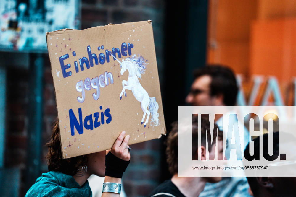 Deutschland, Aachen (Krämerstraße): Demo mit Tausenden Menschen am Tag nach der Landtagswahl in Sachsen - Anhalt, Demonstration, Protest, Anti - AfD, Anti - Faschismus, Schilder, Banner, Transparente, Flaggen, Menschenmenge, Demozug, Einhörner gegen Nazis