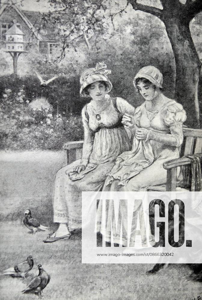 Engraving of Jane Austen and her sister Cassandra Engraving of Jane Austen and her sister Cassandra doing needlework in the rectory garden. Dated 1810 Editorial use only. All other uses to be cleared with the copyright owner (World History Archive), in advance., WHA_052_0926.jpg, Jane Austen; Cassandra Austen; needlework; embroidery; sisters; women; historical; 1810; engraving; rectory garden; Regency era; British literature; authors; famous siblings; Regency fashion; Regency society; British culture; literary figures; female writers; Regency England; Austen family; Regency lifestyle; Regency period; Regency artwork; Regency style; Regency portrait; Regency women; Regency activities; Regency pastimes; Regency leisure.