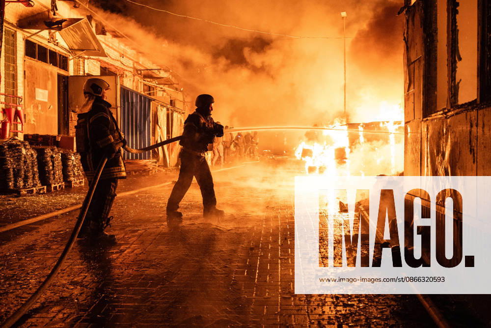 Destruction And Fires Reported Across Kyiv Districts - Ukraine State Emergency Service rescue workers extinguish a fire at a warehouse in the Holosiivskyi district caused by a Russian attack, Kyiv, Ukraine, September 8, 2026. On Tuesday night, September 8, Russian forces launched another massive strike on the Ukrainian capital with ballistic and cruise missiles, as well as jet UAVs. The attack caused significant damage to civilian infrastructure, residential areas, and business facilities. Three people were killed, and 19 were injured. Photo by Danylo Antoniuk Ukrinform ABACAPRESS.COM Kyiv Ukraine