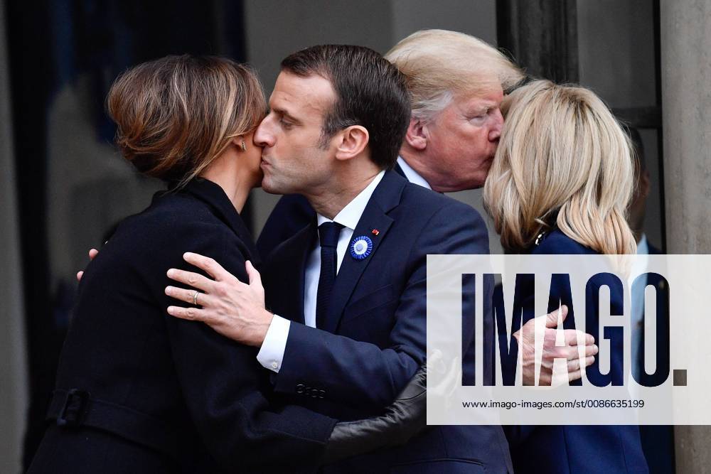 Paris, ile de france, France - French President Emmanuel Macron and his wife Brigitte Macron accompany U.S. President Donald Trump and the first lady, Melania Trump after their lunch at the Elysee Presidential Palace on November 10, 2018 in Paris, France. President Trump is in Paris to participate in the international ceremony of the Armistice Centenary of 1918 at the Arc de Triomphe on November 11, 2018. Heads of State from around the world meet in Paris to commemorate the end of the first World War (WWI) Paris France - ZUMAn230 20181110_zaa_n230_291