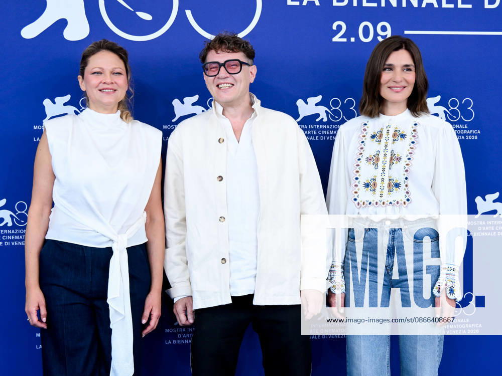 IPA88312584 - Venice, 83rd Venice International Film Festival 2026 - Day 8. Photocall for the film Dau. Pictured: Radmila Shchogolieva, Director Il ja Chržanovskij, and Maria Nafpliotou