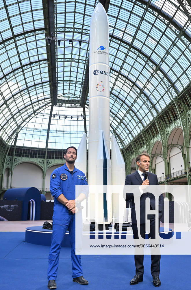 Thomas Pesquet and Emmanuel Macron, President of the French Republic; E. Macron, President of the French Republic, at the International Space Summit on September 10, 2026, at the Grand Palais in Paris, September 9, 2026. Nearly 1,100 companies from the space sector will also be present at the Grand Palais, demonstrating the exceptional mobilization of the global space ecosystem around this event, organized by France and Germany. The Summit will address all issues related to the development and innovation of the space sector through three key themes: 1) tackling the challenges of the global space economy through international cooperation; 2) advancing science, technology, and space exploration from an international perspective; and 3) ensur