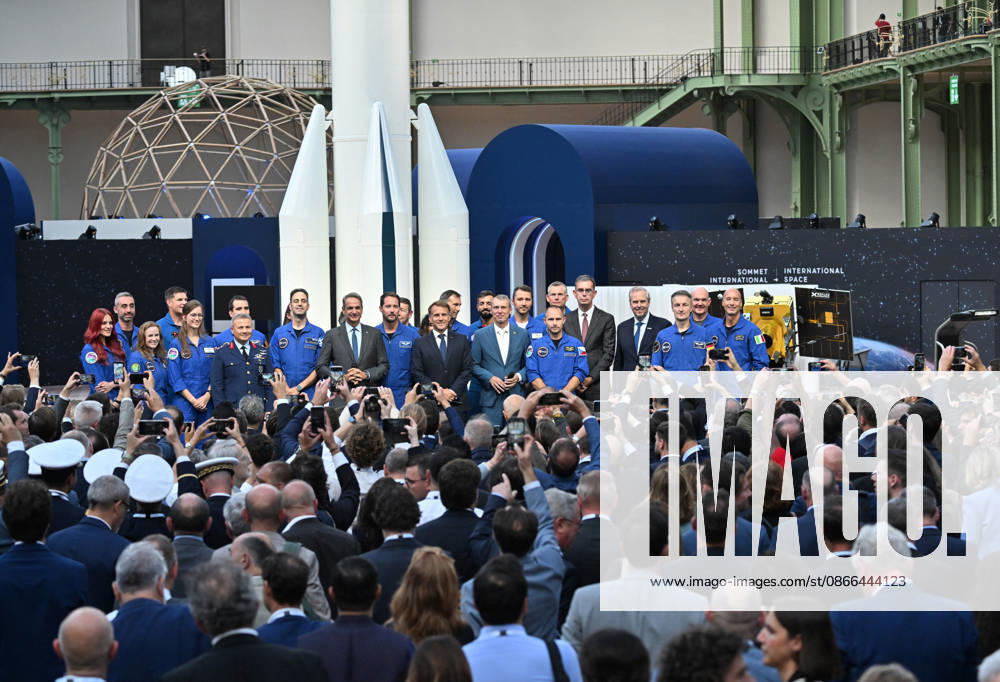 French President Emmanuel Macron (C R), French European Space Agency (ESA) astronaut Thomas Pesquet (C), and Greek Prime Minister Kyriakos (C L) pose with astronauts and members of the Vast space program during the International Space Summit at the Grand Palais in Paris on September 9, 2026. The two-day International Space Summit brings together nearly 120 delegations to discuss global space governance. French President Emmanuel Macron at the International Space Summit on September 10, 2026, at the Grand Palais in Paris, September 9, 2026. Nearly 1,100 companies from the space sector will also be present at the Grand Palais, demonstrating the exceptional mobilization of the global space ecosystem around this event, organized by France and