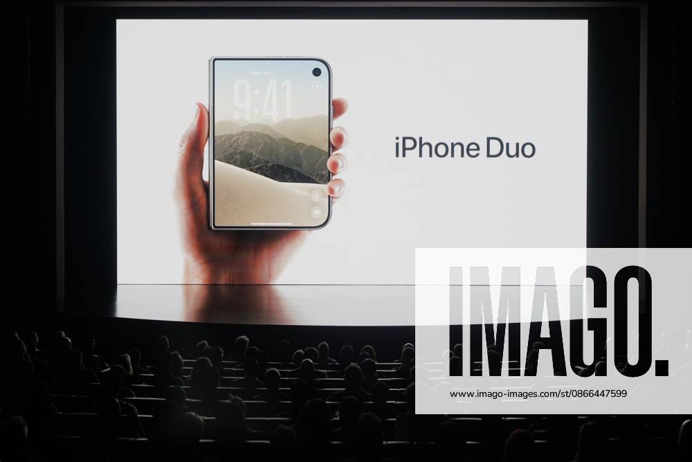 #2 (260909) -- CUPERTINO, Sept. 9, 2026 -- Photo taken on Sept. 9, 2026 shows iPhone Duo on screen during a launch event at Apple Park in Cupertino, California, the United States. U.S. tech giant Apple on Wednesday unveiled its first foldable smartphone, iPhone Duo, along with the iPhone 18 Pro lineup, new Apple Watch models and AirPods at a product launch event held at Apple Park, its headquarters in Cupertino, California. ) U.S.-CALIFORNIA-CUPERTINO-APPLE-IPHONE DUO-LAUNCH EVENT WuxXiaoling