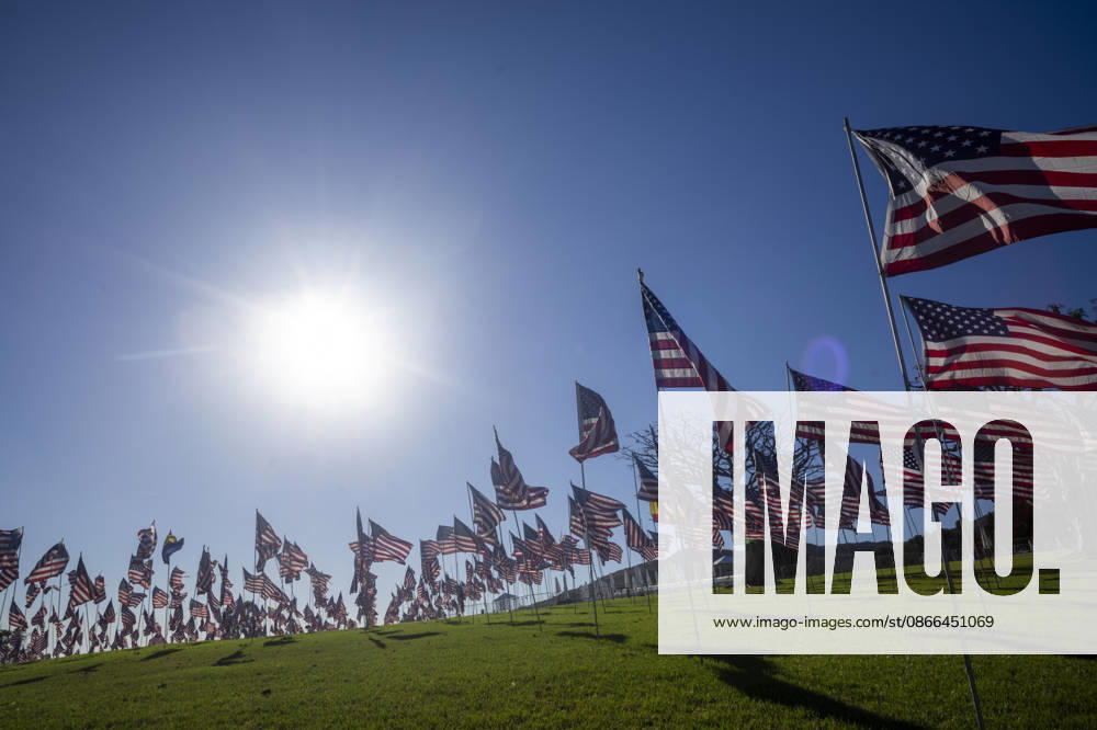 U.S. flags wave at Pepperdine University, where 2,977 flags are displayed to commemorate the 25th anniversary of the 9 11 terrorist attacks in Malibu, California, on September 9, 2026. Los Angeles USA - ZUMAc68_ 20260909_zaf_c68_010