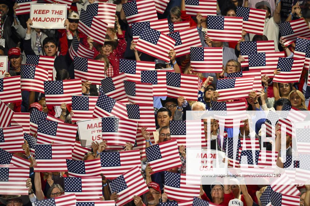 Fans cheer as President Trump speaks to the crowd during scenes at the Dallas 2026 Mid-Term Convention at the American Airlines Center in Dallas on September 9, 2026. Dallas United States - ZUMAd150 20260909_znp_d150_013