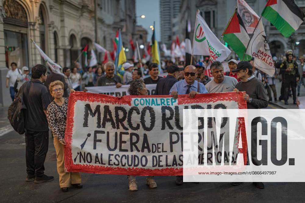 Protesters Rally Against Marco Rubios Visit to Peru LIMA, PERU SEPTEMBER 9, 2026: Protesters from left-wing civic and university collectives gather at Plaza San Martin in central Lima to demonstrate against the official visit of U.S. Secretary of State Marco Rubio to Peru. The demonstrators marched through the city centre into the evening during Rubios South American tour. Lima Peru