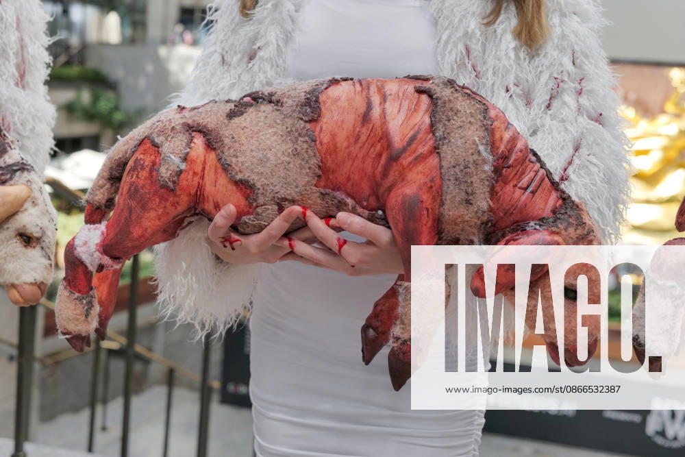 PETA protests NYFW at Rockefeller Center with a grisly display dressed.as bruised and bloody sheep outside the venue with lifelike dead lambs.and the message Wool Kills . The graphic protest over wool farms cruelty claims .inhumane wool shearing and terrified sheep. New York USA - ZUMAh156 20260910_znp_h156_005