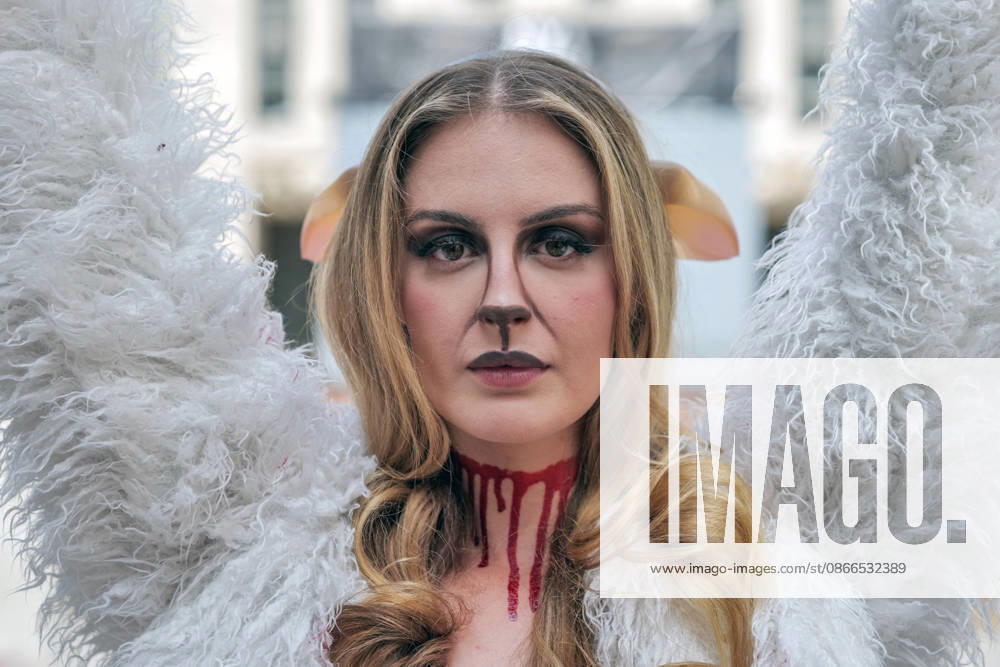 PETA protests NYFW at Rockefeller Center with a grisly display dressed.as bruised and bloody sheep outside the venue with lifelike dead lambs.and the message Wool Kills . The graphic protest over wool farms cruelty claims .inhumane wool shearing and terrified sheep. New York USA - ZUMAh156 20260910_znp_h156_006