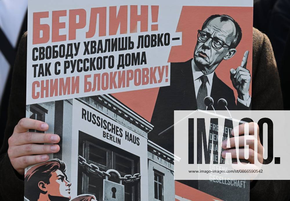 Russia Germany Relations 9240794 11.09.2026 A participant holds a poster during the protest against the closure of the Russian House in Berlin, outside the German Embassy in Moscow, Russia. German Foreign Minister Johann Wadephul said Germany would close the Russian Consulate General in Bonn from September 18, while the intergovernmental agreement governing the activities of the Russian House in Berlin would also be terminated. Last week, Germany blamed Russia for an attempted drone attack at Leipzig Halle Airport on August 4, when an explosives-laden drone was found near a Ukrainian plane. Mikhail Voskresenskiy Sputnik Moscow Russia