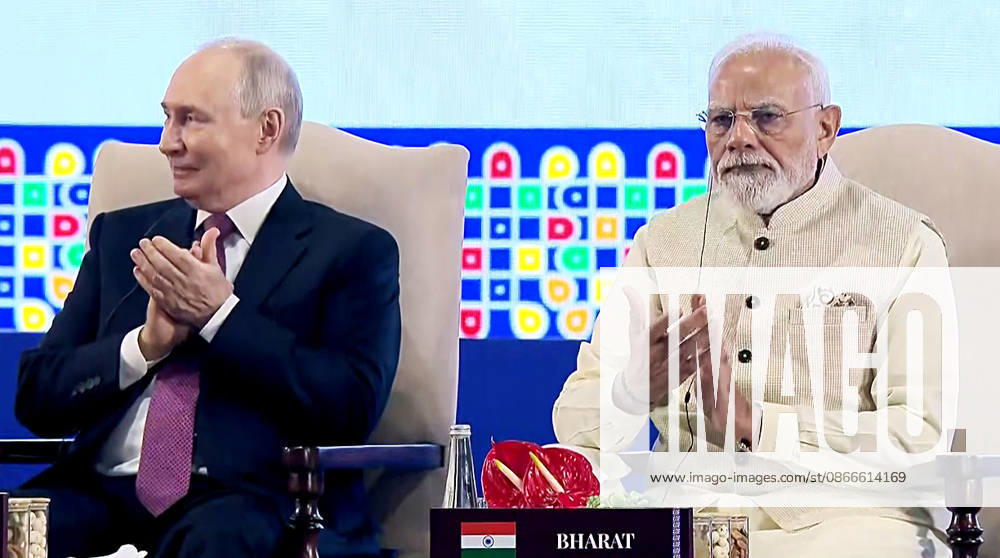 Leaders Session of the BRICS Business Forum New Delhi, Sep 11 (ANI): Prime Minister Narendra Modi and Russian President Vladimir Putin during the Leaders Session of the BRICS Business Forum, in New Delhi on Friday. (DD News ANI Video Grab) New Delhi Delhi India