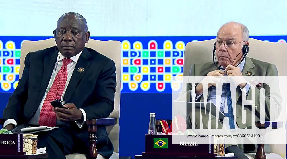 Leaders Session of the BRICS Business Forum New Delhi, Sep 11 (ANI): South African President Cyril Ramaphosa and Brazilian Foreign Minister Mauro Vieira during the Leaders Session of the BRICS Business Forum, in New Delhi on Friday. (DD News ANI Video Grab) New Delhi Delhi India