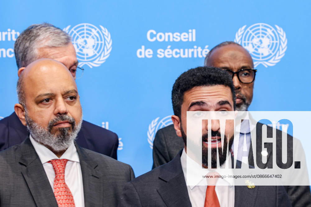 Syriaâ€⠢s Permanent Representative to the UN IBRAHIM OLABI, joined by representatives of UN Member States, speaks to reporters at the UN Security Council stakeout to condemn Israeli Prime Minister Benjamin Netanyahuâ€⠢s entry into Syrian territory and visit to Mount Hermon. The representatives reaffirmed their support for Syriaâ€⠢s sovereignty, unity and territorial integrity and called for respect for international law and the 1974 Disengagement Agreement. New York United States - ZUMAo116 20260911_znp_o116_031