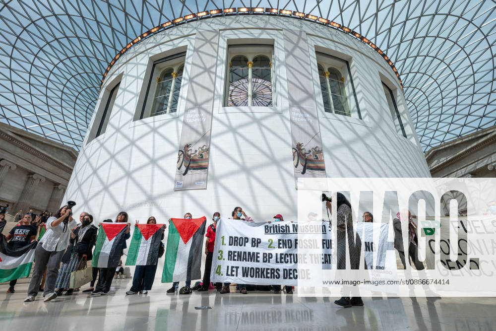 Palestine supporters protest British Museum sponsorship with BP in London - 12 Sep 2026 Protesters chant slogans during a demonstration. Palestine supporters from Energy Embargo for Palestine occupied the Great Court of the British Museum during a protest calling on the museum to end its sponsorship partnership with BP. The activists also criticised the museum s reported £5 million sponsorship from billionaire Igor Tulchinsky for its Bayeux Tapestry exhibition, citing reported links between his business interests and Israeli defence technology. London United Kingdom