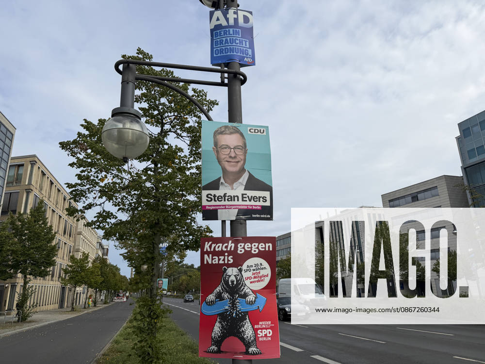 Ahead of Berlin House of Representatives election BERLIN, GERMANY - SEPTEMBER 19: Election campaign posters featuring political parties and candidates are displayed on streets across the city ahead of the Berlin House of Representatives election to be held in Berlin, Germany, on September 19, 2026. Halil Sagirkaya Anadolu Berlin Germany. Editorial use only. Please get in touch for any other usage.