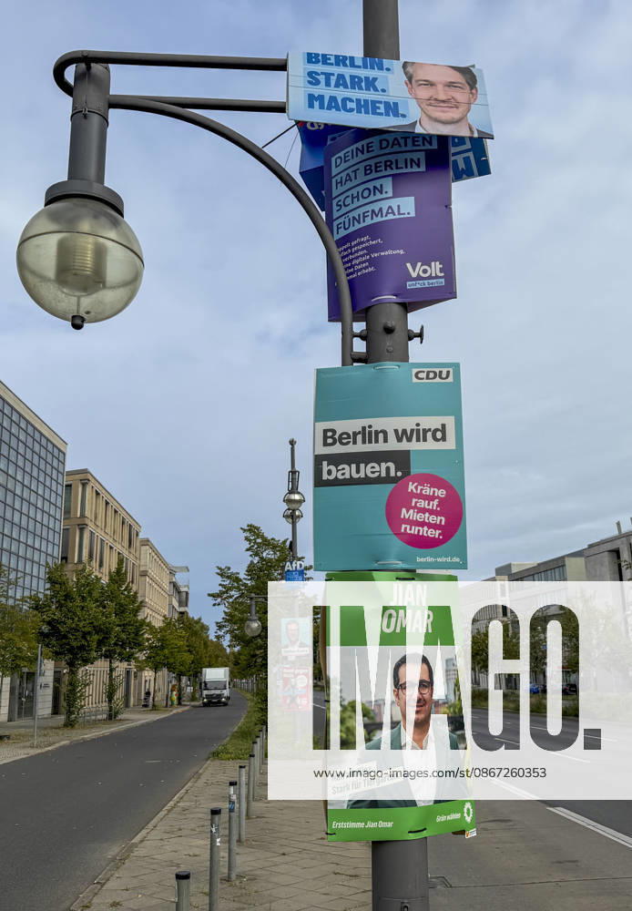 Ahead of Berlin House of Representatives election BERLIN, GERMANY - SEPTEMBER 19: Election campaign posters featuring political parties and candidates are displayed on streets across the city ahead of the Berlin House of Representatives election to be held in Berlin, Germany, on September 19, 2026. Halil Sagirkaya Anadolu Berlin Germany. Editorial use only. Please get in touch for any other usage.