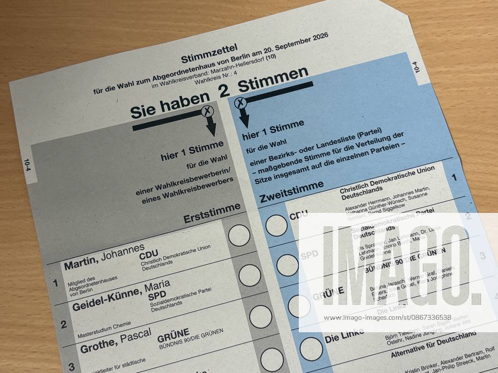 Stimmzettel für die Wahl zum Abgeordnetenhaus 2026, im Wahlkreis Marzahn-Hellersdorf, Wahlkreis 4, Berlin Deutschland, Germany