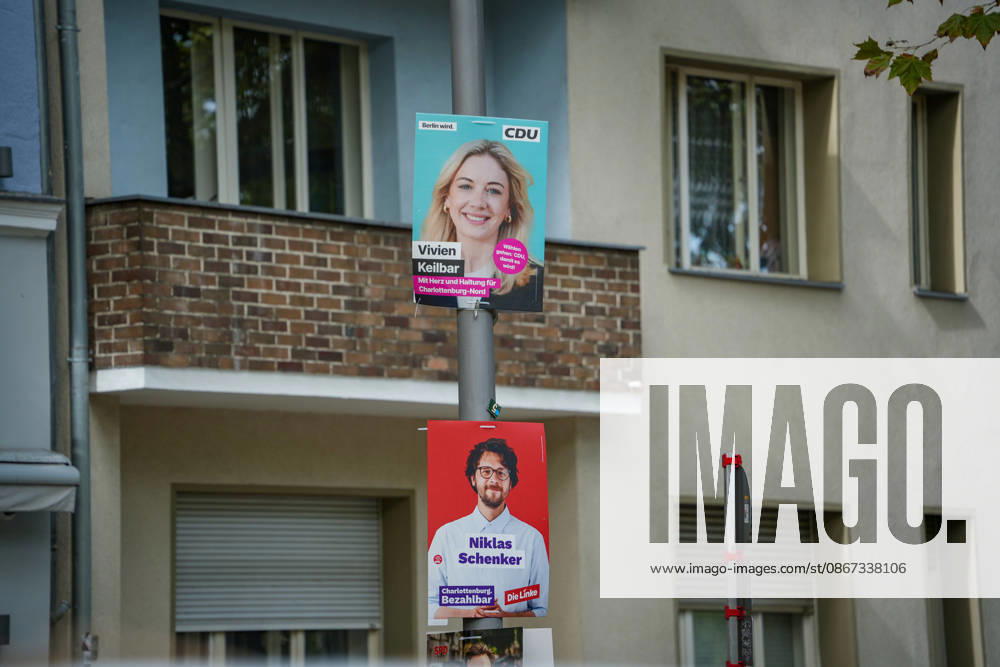 Berlin, Deutschland 20.09.2026: Wahlplakate von CDU-Kandidatin Vivien Keilbar und Linke-Kandidat Niklas Schenker zur Wahl zum Abgeordnetenhaus von Berlin im Straßenbild von Charlottenburg. CDU, Die Linke, Wahlplakate, Berlin-Wahl, Abgeordnetenhauswahl, Wahl 2026, Wahlkampf, Parteien, Kandidaten, Charlottenburg-Nord, Landespolitik, Politik, Stadtbild.