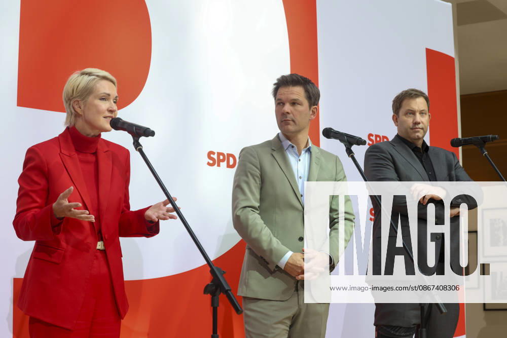 Manuela Schwesig, Steffen Krach und Lars Klingbeil bei der Pressekonferenz nach den Landtagswahlen in Berlin und Mecklenburg Vorpommern im Willy Brandt Haus am 21.09.26 SPD-Spitze zur PK nach Landtagswahlen in Berlin