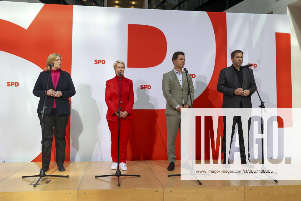 Bärbel Bas, Manuela Schwesig, Steffen Krach und Lars Klingbeil bei der Pressekonferenz nach den Landtagswahlen in Berlin und Mecklenburg Vorpommern im Willy Brandt Haus am 21.09.26 SPD-Spitze zur PK nach Landtagswahlen in Berlin