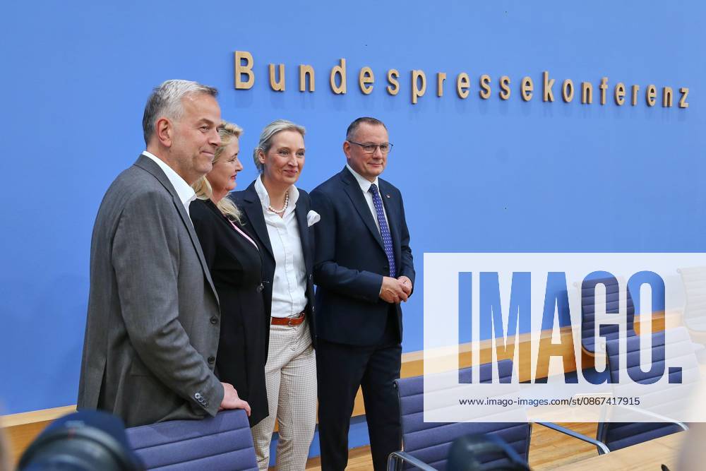 Berlin, Deutschland, 21.09.2026: Bundespressekonferenz: AfD - Auswirkungen der Landtagswahlen in Berlin und Mecklenburg-Vorpommern auf die Bundespolitik: Leif-Erik Holm, AfD-Kandidat für das Amt des Ministerpräsidenten in Mecklenburg-Vorpommern, Kristin Brinker, AfD-Spitzenkandidatin für Berlin und die AfD-Vorsitzenden Tino Chrupalla und Alice Weidel
