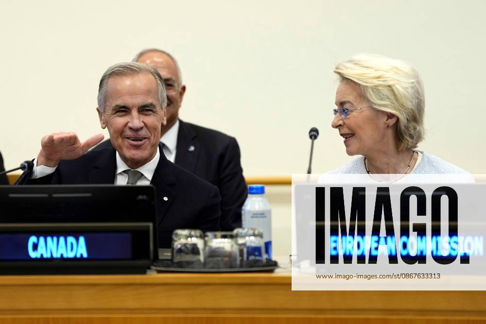 Prime Minister Mark Carney and European Commission President Ursula von der Leyen, right, attend a high-level pledging event for the OceanEye International Alliance in support of the Global Ocean Observing System (GOOS), on the sidelines of the the United Nations General Assembly (UNGA) at the UN headquarters on Wednesday, Sept. 23, 2026. XUN - ZUMAc35_ 20260923_zaf_c35_014
