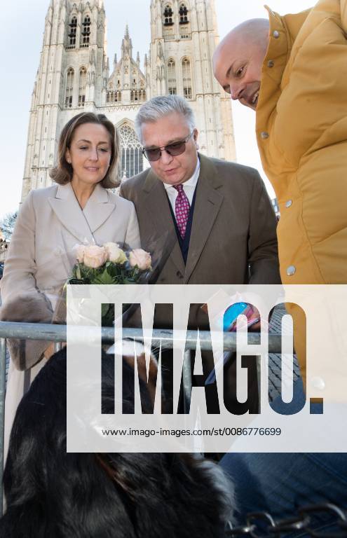 Prince Laurent and Princess Claire of Belgium meet a royalty fan and his dog after the Te Deum mass, on the occasion of the King s Feast, at the Saint Michael and St Gudula Cathedral (Cathedrale Saints Michel et Gudule Sint-Michiels- en Sint-Goedelekathedraal), in Brussels, Thursday 15 November 2018. BENOITxDOPPAGNE 05470366