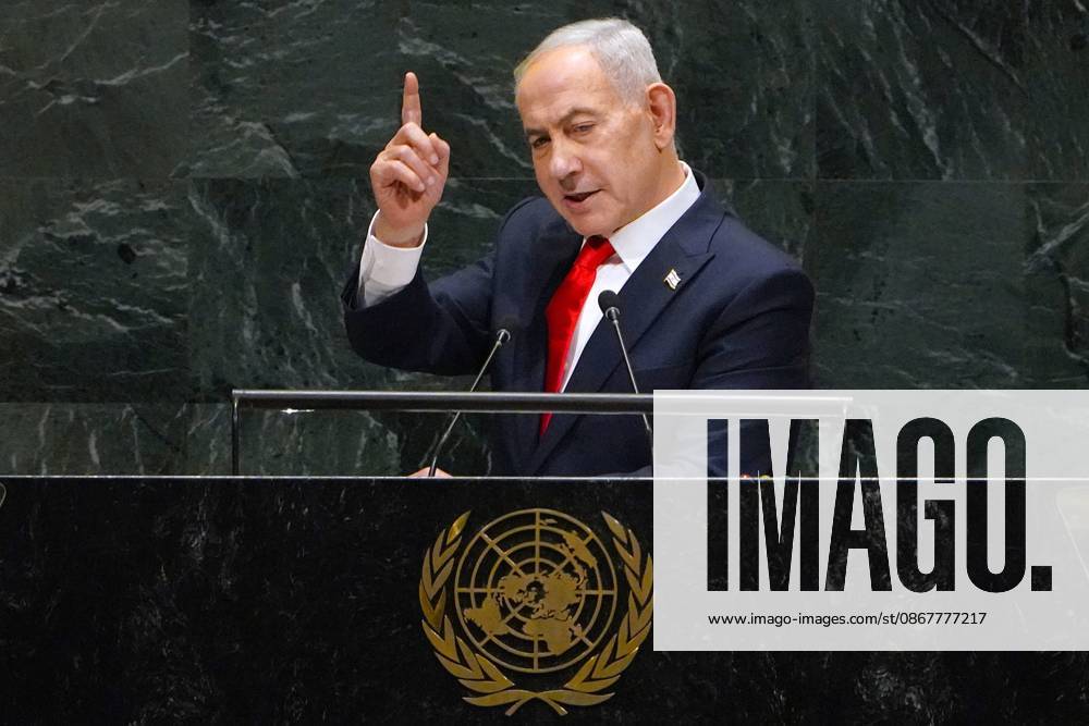 (260924) -- UNITED NATIONS, Sept. 24, 2026 -- Israeli Prime Minister Benjamin Netanyahu addresses the general debate of the 81st session of the United Nations General Assembly (UNGA) at the UN headquarters in New York, Sept. 24, 2026. Scores of delegates walked out of the United Nations General Assembly hall in protest as Israeli Prime Minister Benjamin Netanyahu took the podium to address the general debate of the 81st session. Netanyahu used his speech to defend Israel s military actions in Gaza and elsewhere in the region, amid growing international criticism and diplomatic isolation. ) UN-GENERAL ASSEMBLY-GENERAL DEBATE WuxXiaoling