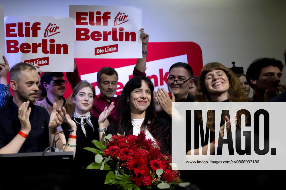 Elif Eralp, Die Linke Landesparteitag DEU, Deutschland, Germany, Berlin, 25.09.2026 Elif Eralp , Spitzenkandidatin der Partei Die Linke , und Kerstin Wolter , Vorsitzende der Partei Die Linke Berlin (v.l.n.r.) lassen sich mit Mitglieder feiern auf dem Landesparteitag der Berliner Partei Die Linke nach der Wahl fuer das Abgeordnetenhaus am 25. September 2026 in Berlin Deutschland . Die Partei erzielte 25,7 Prozent wurde staerkste Partei und koennte die Regierende Buergermeisterin stellen en: Elif Eralp , lead candidate for the Left Party, and Kerstin Wolter , chair of the Left Party Berlin (from left to right) celebrate the Left Party s election success for the Berlin House of Representatives election at the party congress on September 25 20