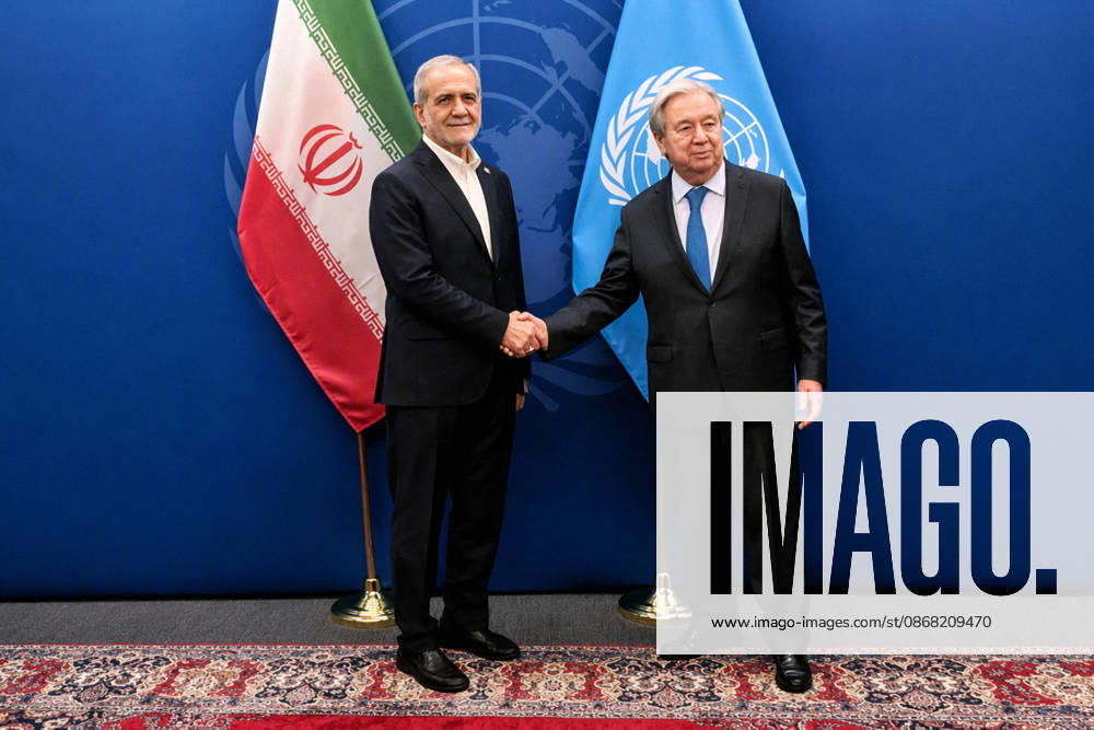 Iranian President Masoud Pezeshkian meets United Nations Secretary-General Antonio Guterres at UN headquarters in New York City, United States, on September 25, 2026. Guterres stressed the need to resolve the conflict in the Middle East through dialogue and negotiations and reaffirmed the United Nations support for diplomatic efforts, according to the UN. New York City United States - ZUMAi98_ 20260925_zih_i98_001