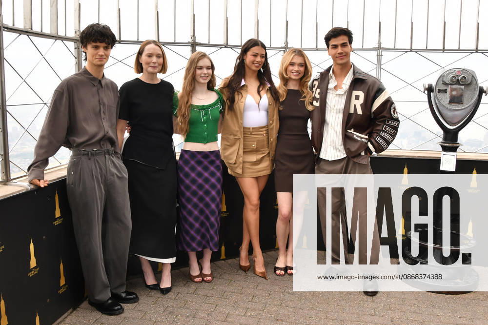 NEW YORK, NY- OCTOBER 1: Arthur Conti, Samantha Sloyan, Summer H. Howell, Amber Midthunder, Alison Thornton and Joel Oulette pictured during a visit to he Empire State Building Ahead of the Release of Mike Flannigan s Carrie on October 1, 2026 in New York City.