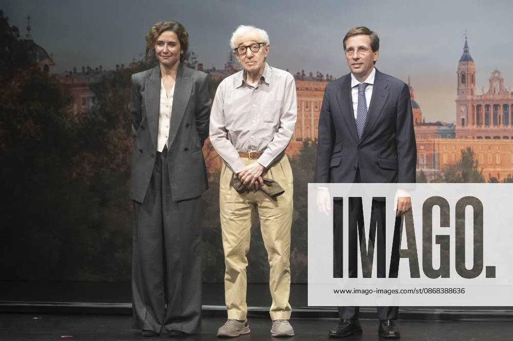 Isabel Diaz Ayuso, Woody Allen und JoseLuis Martinez-Almeida Navasques beim offiziellen Empfang zum Drehstart des Woody Allen Fall Project 2026 in den Teatros del Canal. Madrid