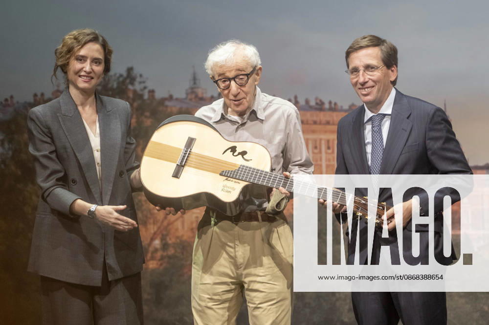 Isabel Diaz Ayuso, Woody Allen und JoseLuis Martinez-Almeida Navasques beim offiziellen Empfang zum Drehstart des Woody Allen Fall Project 2026 in den Teatros del Canal. Madrid