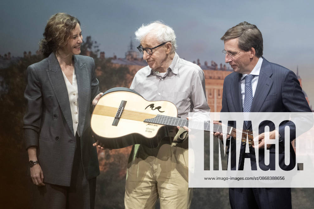 Isabel Diaz Ayuso, Woody Allen und JoseLuis Martinez-Almeida Navasques beim offiziellen Empfang zum Drehstart des Woody Allen Fall Project 2026 in den Teatros del Canal. Madrid