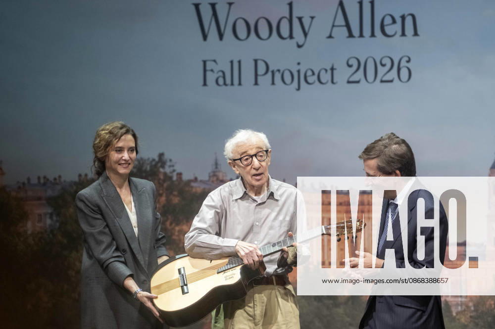 Isabel Diaz Ayuso, Woody Allen und JoseLuis Martinez-Almeida Navasques beim offiziellen Empfang zum Drehstart des Woody Allen Fall Project 2026 in den Teatros del Canal. Madrid