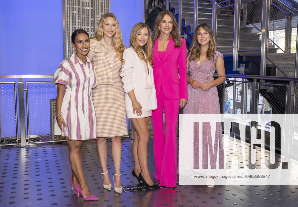 SADIA ZAPP, MIRANDA MCKEON, BRIDGET BAHL, ELIZABETH HURLEY and KATIE THURSTON visit the Empire State Building in New York to honor Breast Cancer Awareness Month and the Breast Cancer Campaign with The Estee Lauder Company. 1 October 2026 New York USA - ZUMAa265 20261001_zep_a265_036