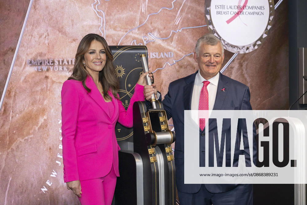 ELIZABETH HURLEY and WILLIAM P. LAUDER visit the Empire State Building in New York to honor Breast Cancer Awareness Month and the Breast Cancer Campaign with The Estee Lauder Company. 1 October 2026 New York USA - ZUMAa265 20261001_zep_a265_017