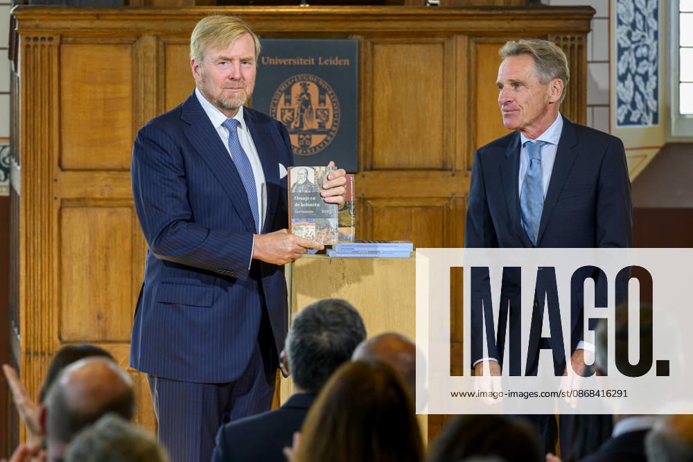 Leiden King Willem-Alexander with prof. dr. Gert Oostindie received the findings of the independent study into the role of the House of Orange-Nassau in the Netherlands colonial history at the Academy Building of Leiden University. Â