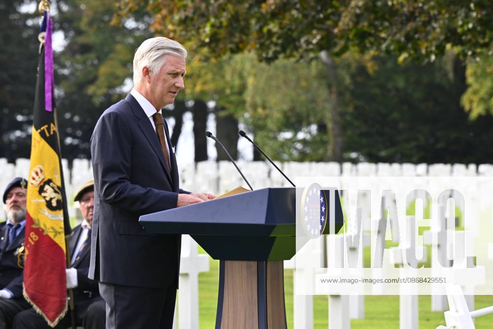 King Philippe - Filip of Belgium pictured giving a speech during a royal visit to the World War II Commemoration at the American Military Cemetery in Henri-Chapelle, Plombieres, on Friday 2 October 2026. The ceremony pays tribute to the American veterans in attendance and to their fallen comrades-in-arms. It features testimonials, musical performances, and prayers, as well as a wreath-laying ceremony, a salute, and a flyover by U.S. aircraft. ERICxLALMAND 188543870