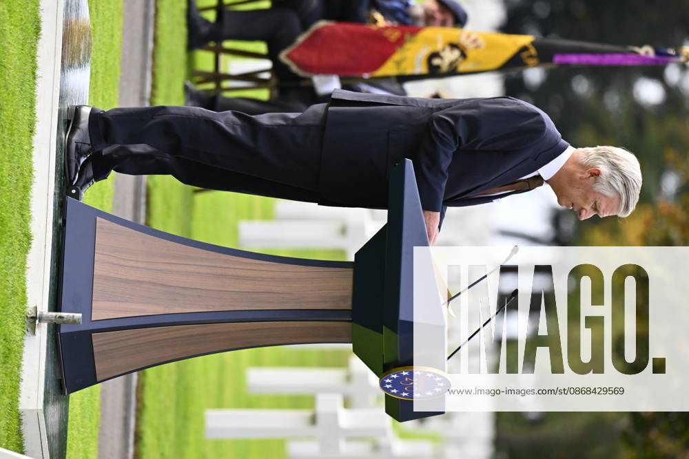 King Philippe - Filip of Belgium pictured giving a speech during a royal visit to the World War II Commemoration at the American Military Cemetery in Henri-Chapelle, Plombieres, on Friday 2 October 2026. The ceremony pays tribute to the American veterans in attendance and to their fallen comrades-in-arms. It features testimonials, musical performances, and prayers, as well as a wreath-laying ceremony, a salute, and a flyover by U.S. aircraft. ERICxLALMAND 188543889