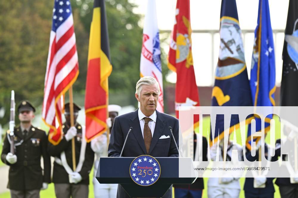 King Philippe - Filip of Belgium pictured giving a speech during a royal visit to the World War II Commemoration at the American Military Cemetery in Henri-Chapelle, Plombieres, on Friday 2 October 2026. The ceremony pays tribute to the American veterans in attendance and to their fallen comrades-in-arms. It features testimonials, musical performances, and prayers, as well as a wreath-laying ceremony, a salute, and a flyover by U.S. aircraft. ERICxLALMAND 188543903